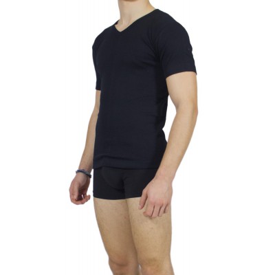 Men's Short Sleeve T-Shirt Black V Neck 100% Cotton |Tzitzi Underwear