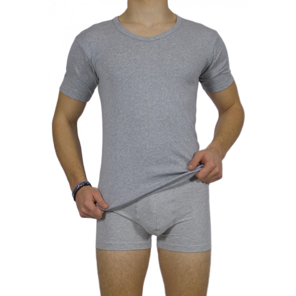 Men's Short Sleeve T-Shirt Grey Melange Open Neck -Craftsmanship-Wholesale
