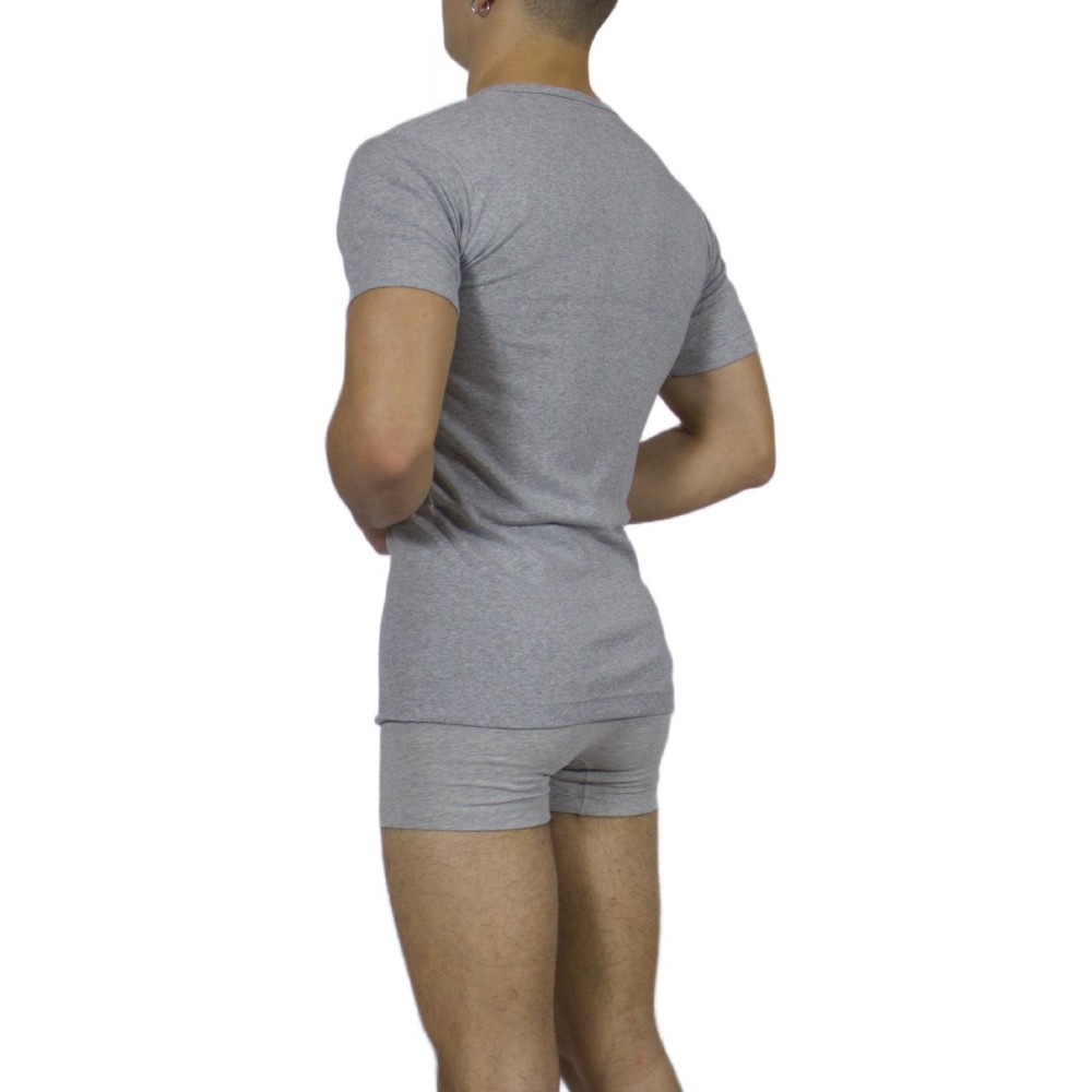 Men's Short Sleeve T-Shirt Grey Melange Open Neck -Craftsmanship-Wholesale
