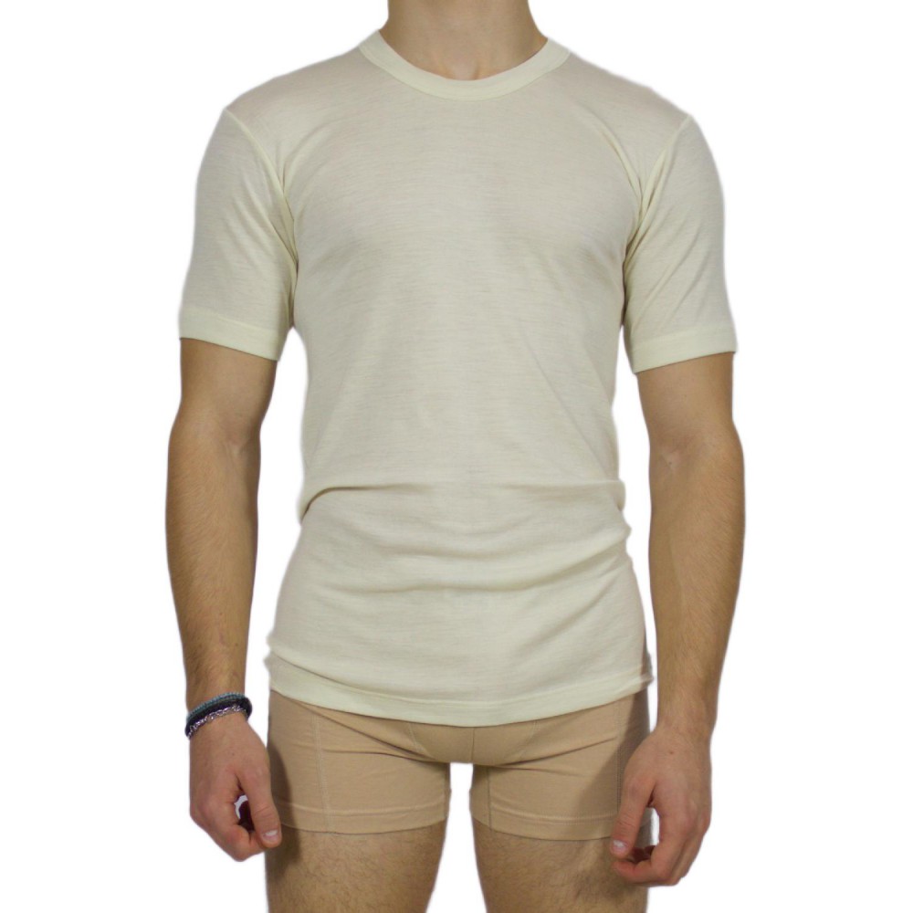 Men's short-sleeved ecru wool jersey - 100% wool - TzitziUnderwear