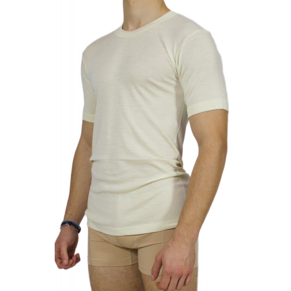 Men's short-sleeved ecru wool jersey - 100% wool - TzitziUnderwear