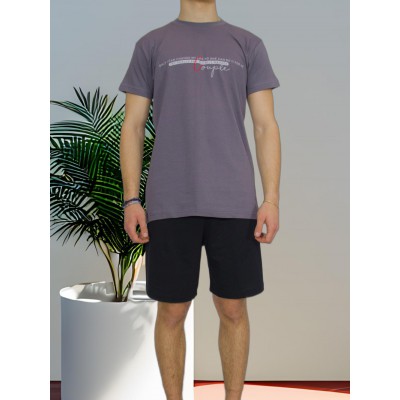 Men's Summer Cotton Pajama Set Charcoal with Couple Print - Made in Greece | Tzitzi Underwear