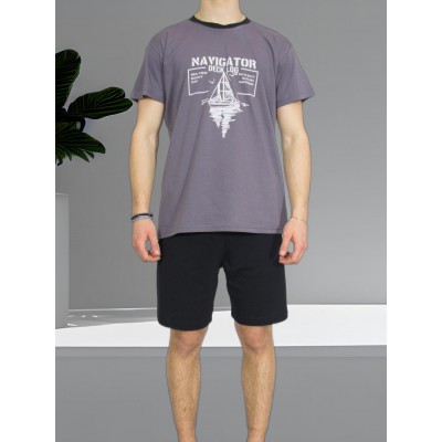 Men's Summer Cotton Pajama Set Charcoal with Navigator Print - Made in Greece | Tzitzi Underwear