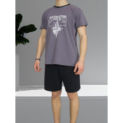 Men's Summer Cotton Pajama Set Charcoal with Navigator Print - Made in Greece | Tzitzi Underwear