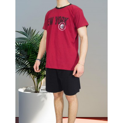 Men's Summer Pajamas Cotton Bordeaux with Print (New York) - Greek Made | Tzitzi Underwear