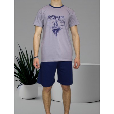 Men's Summer Cotton Pajama Set Gray with Navigator Print - Made in Greece | Tzitzi Underwear