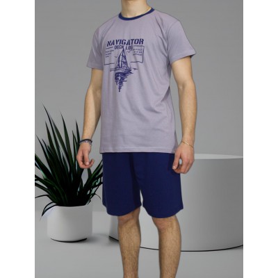 Men's Summer Cotton Pajama Set Gray with Navigator Print - Made in Greece | Tzitzi Underwear