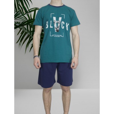 Men's Summer Cotton Pajama Set Petrol with Black Print - Made in Greece | Tzitzi Underwear