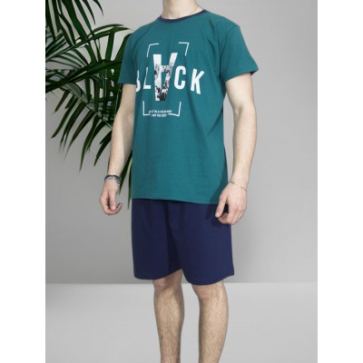 Men's Summer Cotton Pajama Set Petrol with Black Print - Made in Greece | Tzitzi Underwear