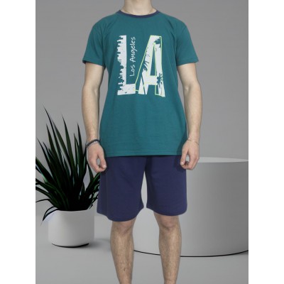 Men's Summer Cotton Pajama Set Petrol with L.A Print - Made in Greece | Tzitzi Underwear