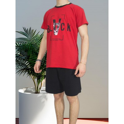 Men's Summer Cotton Pajama Set Red with Black Print - Made in Greece | Tzitzi Underwear