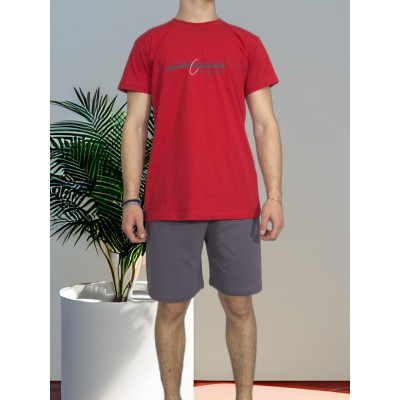 Men's Summer Cotton Pajama Set Red with Couple Print - Made in Greece | Tzitzi Underwear