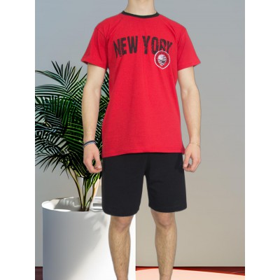 Men's Summer Cotton Pajamas Red with Print (New York) - Made in Greece | Tzitzi Underwear