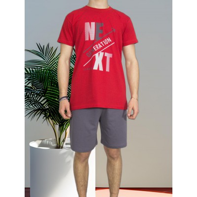 Men's Summer Cotton Pajama Set Red with Next Print - Made in Greece | Tzitzi Underwear