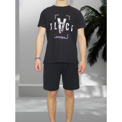 Men's Summer Cotton Pajama Set Black with Black Print - Made in Greece | Tzitzi Underwear