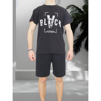 Men's Summer Cotton Pajama Set Black with Black Print - Made in Greece | Tzitzi Underwear