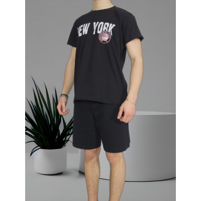 Men's Summer Cotton Pajamas Black with Print (New York) - Made in Greece | Tzitzi Underwear