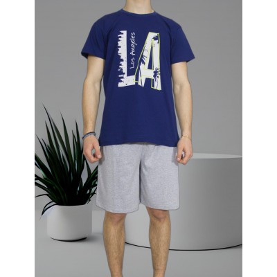 Men's Summer Cotton Pajama Set Blue with L.A Print - Made in Greece | Tzitzi Underwear