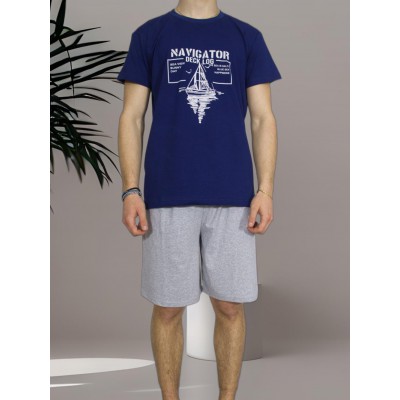Men's Summer Cotton Pajama Set Blue with Navigator Print - Made in Greece | Tzitzi Underwear