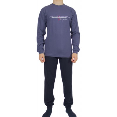Men's Winter Cotton Pajamas Charcoal Grey with Print (Couple) - Made in Greece | Tzitzi Underwear