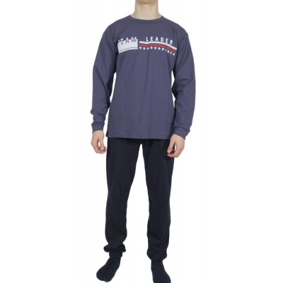 Men's Winter Cotton Pajamas Charcoal Grey with Print (Leader) - Made in Greece | Tzitzi Underwear