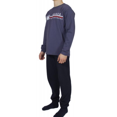 Men's Winter Cotton Pajamas Charcoal Grey with Print (Leader) - Made in Greece | Tzitzi Underwear