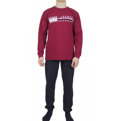 Men's Winter Cotton Pajamas Bordeaux with Print (Leader) - Made in Greece | Tzitzi Underwear