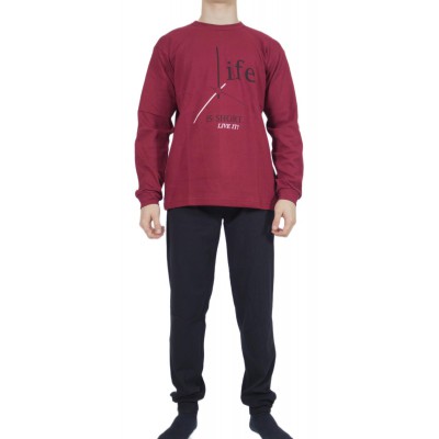 Men's Winter Cotton Pajamas Bordeaux with Print (Life) - Made in Greece | Tzitzi Underwear