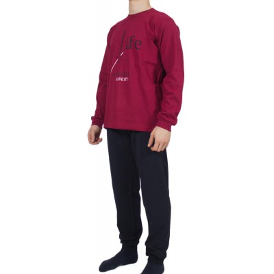 Men's Winter Cotton Pajamas Bordeaux with Print (Life) - Made in Greece | Tzitzi Underwear