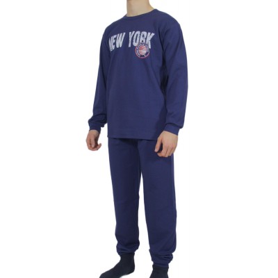 Men's Winter Cotton Pajamas Navy blue with Print (New York) - Made in Greece | Tzitzi Underwear