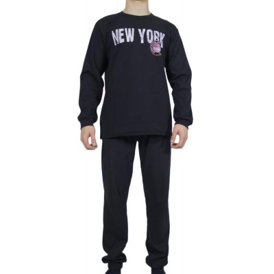 Men's Winter Cotton Pajamas Black with Print (New York) - Made in Greece | Tzitzi Underwear