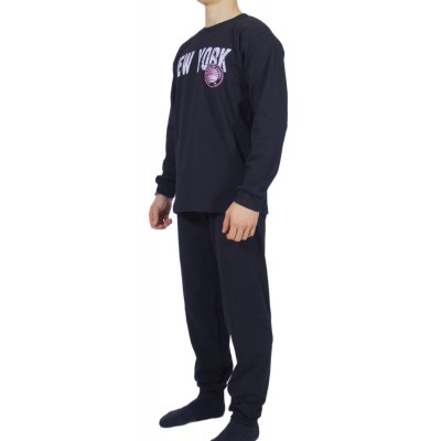 Men's Winter Cotton Pajamas Black with Print (New York) - Made in Greece | Tzitzi Underwear