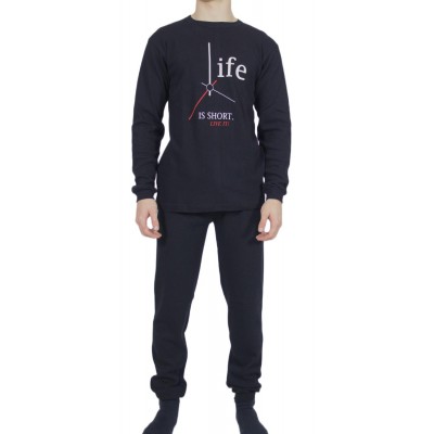 Men's Winter Cotton Pajamas Black with Print (Life) - Made in Greece | Tzitzi Underwear