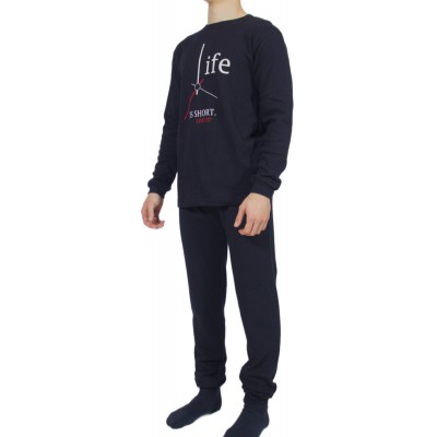 Men's Winter Cotton Pajamas Black with Print (Life) - Made in Greece | Tzitzi Underwear