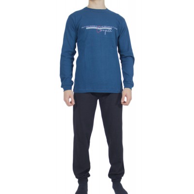 Men's Winter Cotton Pajamas Petrol Blue with Print (Couple) - Made in Greece | Tzitzi Underwear