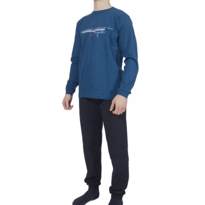 Men's Winter Cotton Pajamas Petrol Blue with Print (Couple) - Made in Greece | Tzitzi Underwear