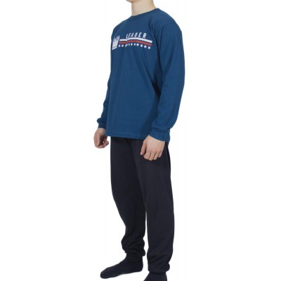 Men's Winter Cotton Pajamas Petrol Blue with Print (Leader) - Made in Greece | Tzitzi Underwear