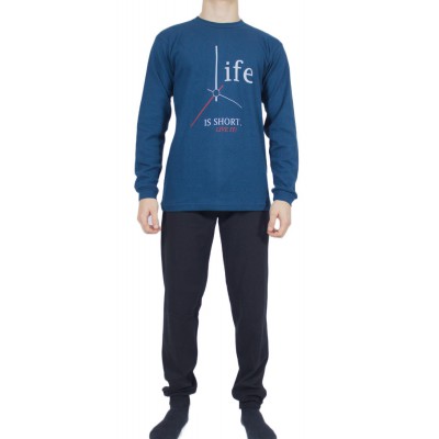 Men's Winter Cotton Pajamas Petrol Blue with Print (Life) - Made in Greece | Tzitzi Underwear