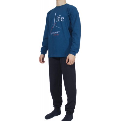 Men's Winter Cotton Pajamas Petrol Blue with Print (Life) - Made in Greece | Tzitzi Underwear