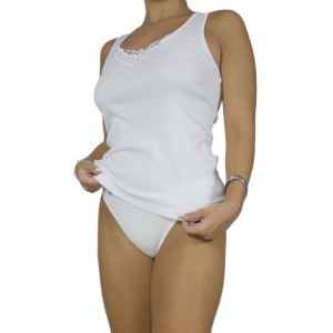 Women's White Tank Top with Wide Straps & Motif -Craftsmanship-Wholesale