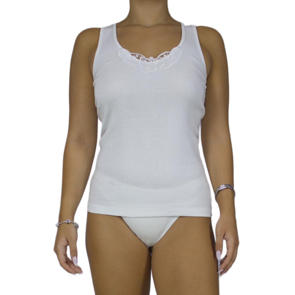 Women's White Tank Top with Wide Straps & Motif -Craftsmanship-Wholesale