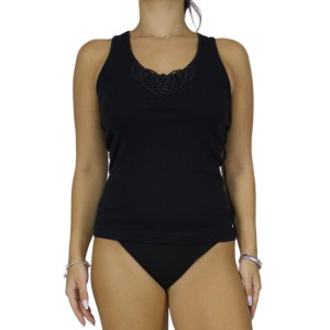 Women's Black Tank Top with Wide Straps & Motif -Craftsmanship-Wholesale